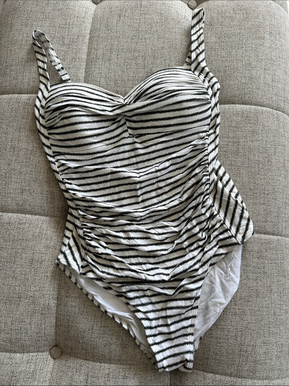 Striped Black & White Ruched Womenโs One-Piece Swimsuit